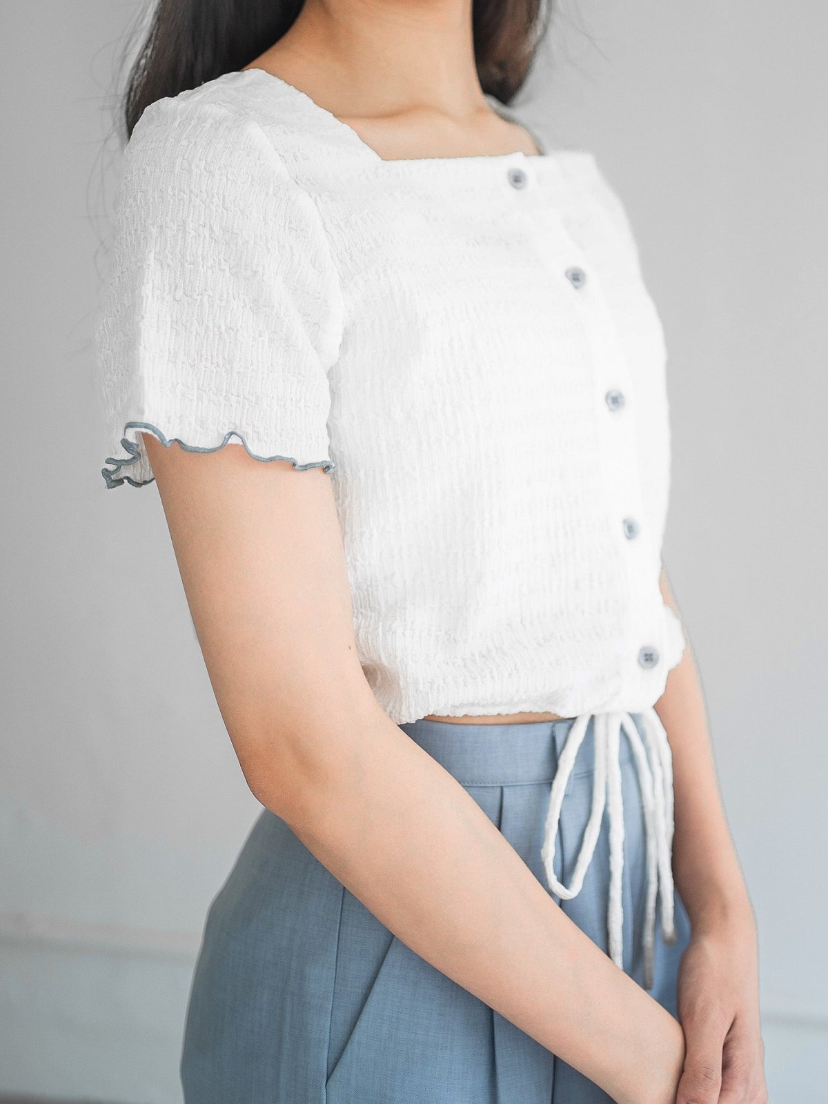 Moon Square Neck Wrinkle Top - DAG-DD0413-23IvoryS - White With Blue Hem - S - D'ZAGE Designs