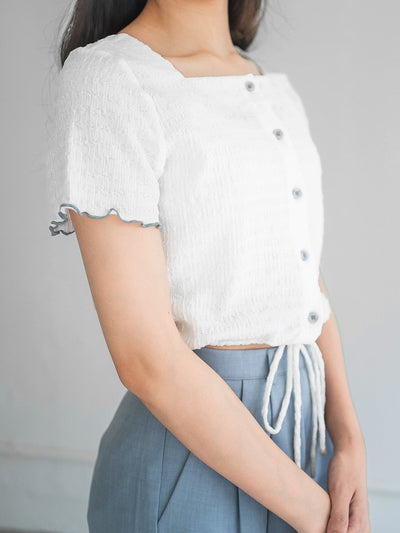 Moon Square Neck Wrinkle Top - DAG-DD0413-23IvoryS - White With Blue Hem - S - D'ZAGE Designs