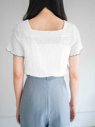 Moon Square Neck Wrinkle Top - DAG-DD0413-23IvoryS - White With Blue Hem - S - D'ZAGE Designs