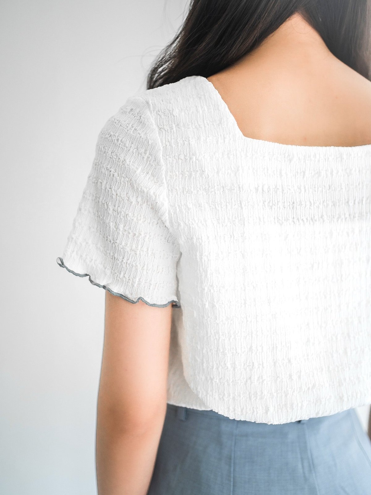 Moon Square Neck Wrinkle Top - DAG-DD0413-23IvoryS - White With Blue Hem - S - D'ZAGE Designs