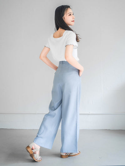 Moon Square Neck Wrinkle Top - DAG-DD0413-23IvoryS - White With Blue Hem - S - D'ZAGE Designs