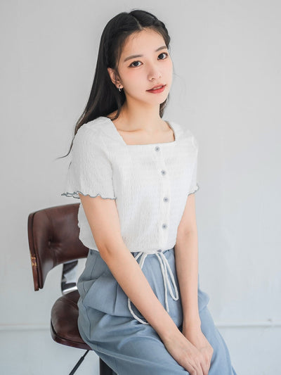 Moon Square Neck Wrinkle Top - DAG-DD0413-23IvoryS - White With Blue Hem - S - D'ZAGE Designs