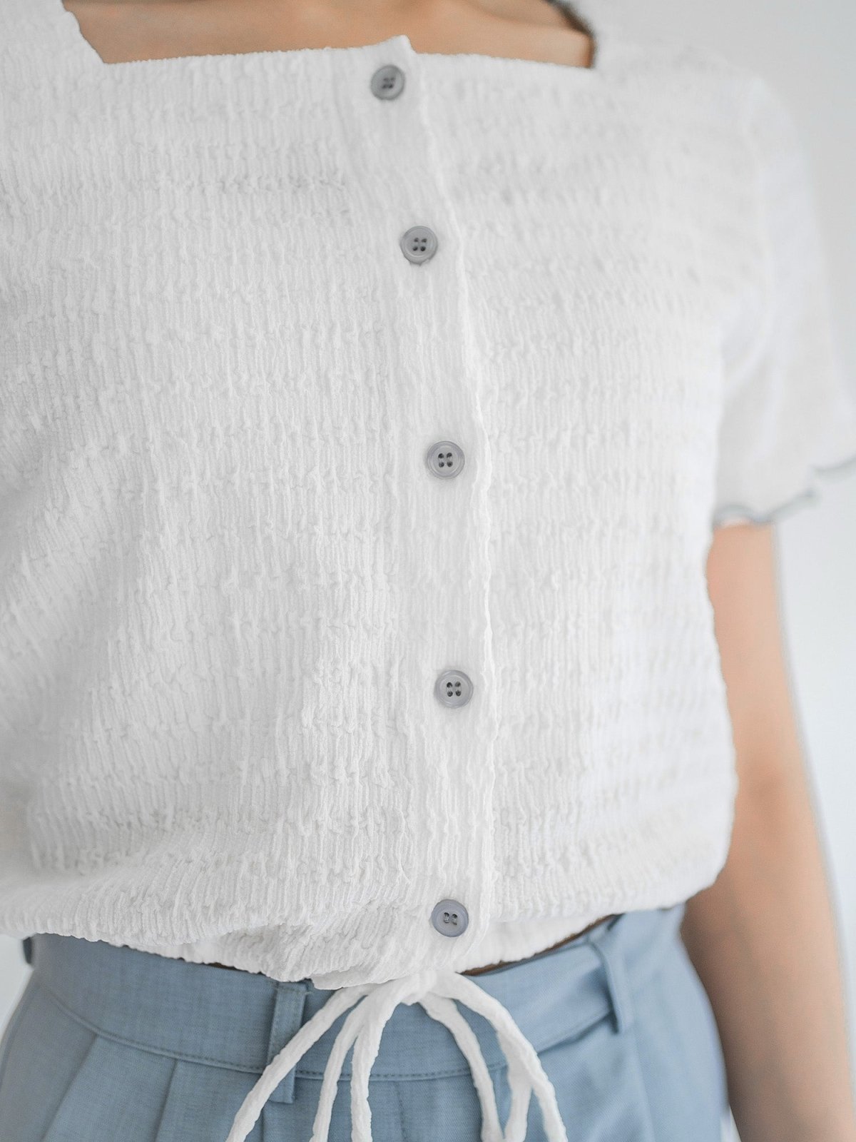 Moon Square Neck Wrinkle Top - DAG-DD0413-23IvoryS - White With Blue Hem - S - D'ZAGE Designs