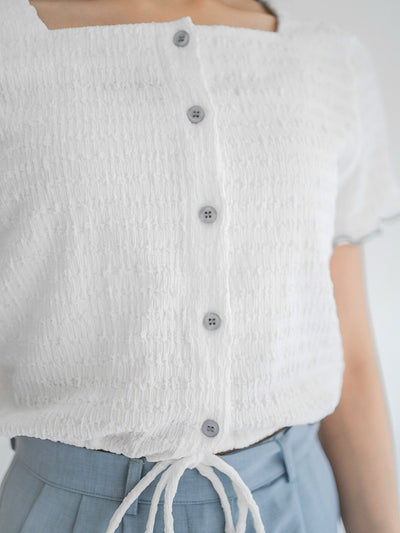 Moon Square Neck Wrinkle Top - DAG-DD0413-23IvoryS - White With Blue Hem - S - D'ZAGE Designs