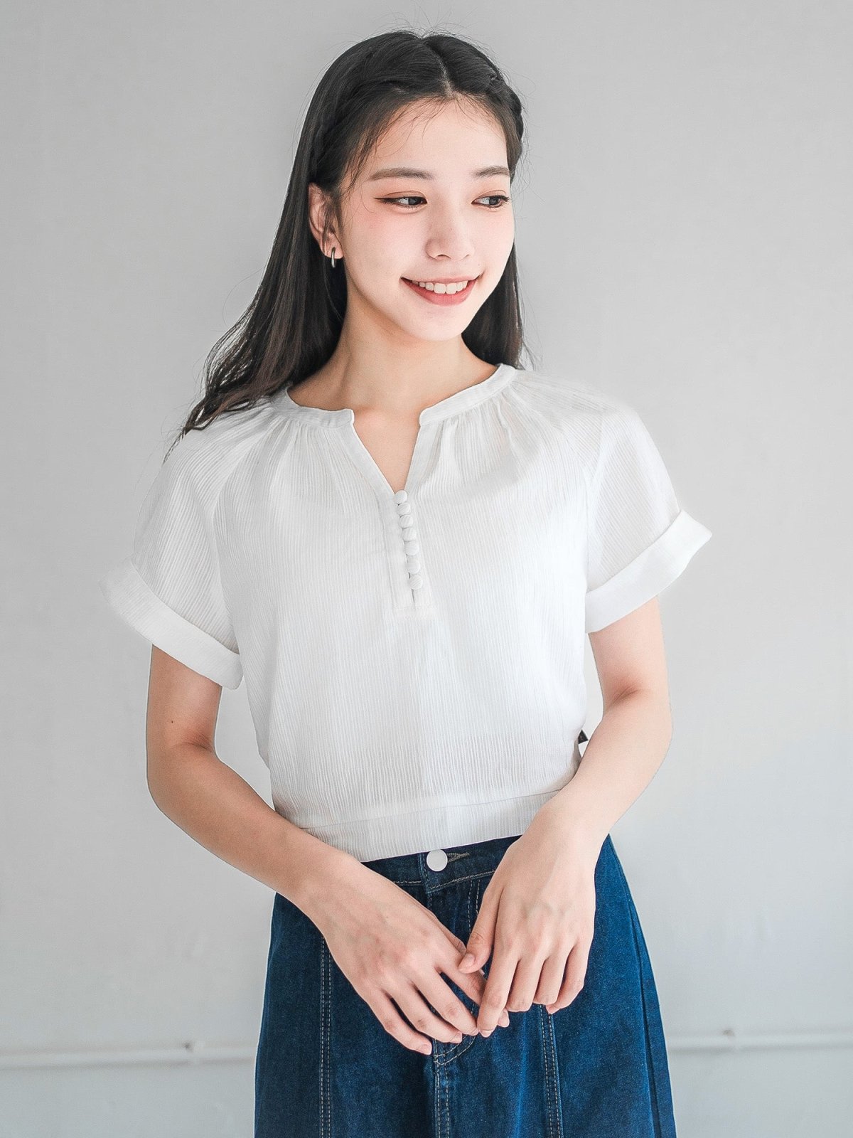 Perlin Buttoned Crop Blouse - DAG-DD0406-23IvoryS - Mochi Ivory - S - D'ZAGE Designs