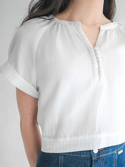 Perlin Buttoned Crop Blouse - DAG-DD0406-23IvoryS - Mochi Ivory - S - D'ZAGE Designs