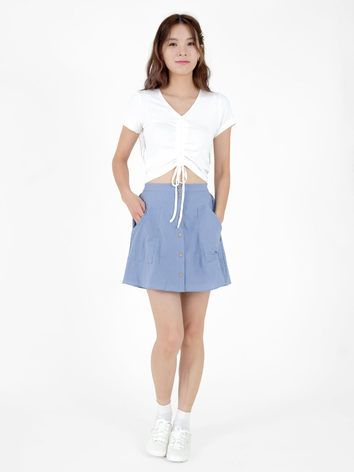 Connie Textured Checker Mini Skirt - DAG-DD9533-22BlueF - Baby Blue - F - D'ZAGE Designs