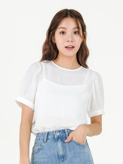 Alexa Airy Puff Sleeve Top - DAG-DD9530-22MochiIvoryF - Marshmallow White - F - D'ZAGE Designs