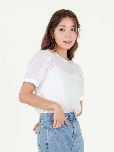 Alexa Airy Puff Sleeve Top - DAG-DD9530-22MochiIvoryF - Marshmallow White - F - D'ZAGE Designs