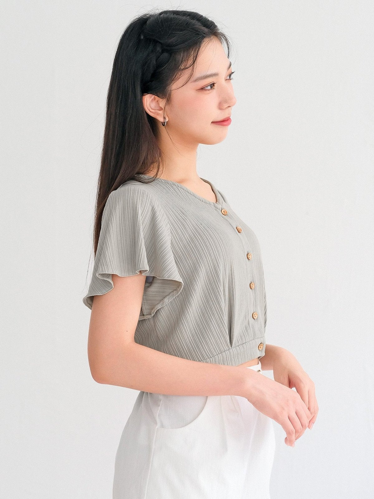 Rihu Ruffle Sleeve Crop Top - DAG-DD0334-23SageS - Mint - S - D'ZAGE Designs