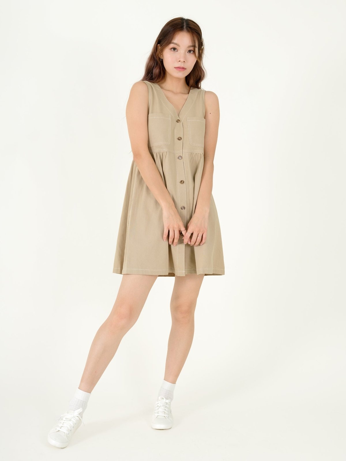 Zoe Contrast Line Mini Dress - DAG-DD9539-22CreamS - Beige - S - D'ZAGE Designs