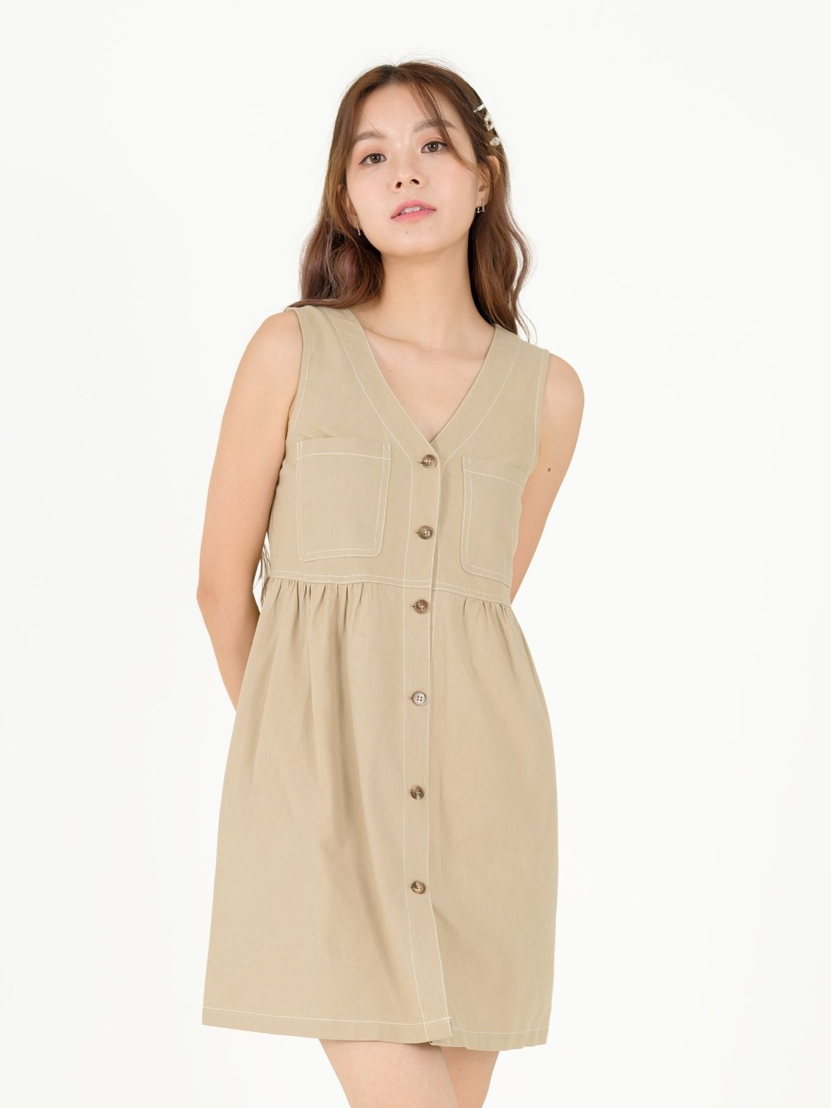 Zoe Contrast Line Mini Dress - DAG-DD9539-22CreamS - Beige - S - D'ZAGE Designs