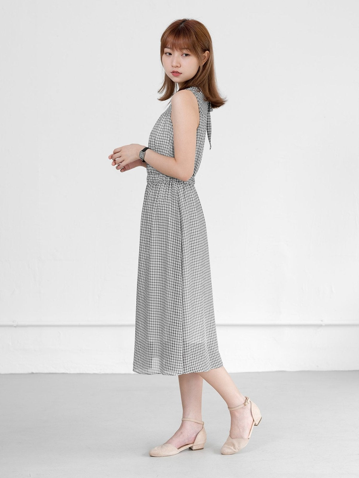Rae Check Tie Back Dress - DAG-DD0715-23BlackWhiteCheckerF - Black White Checker - F - D'ZAGE Designs