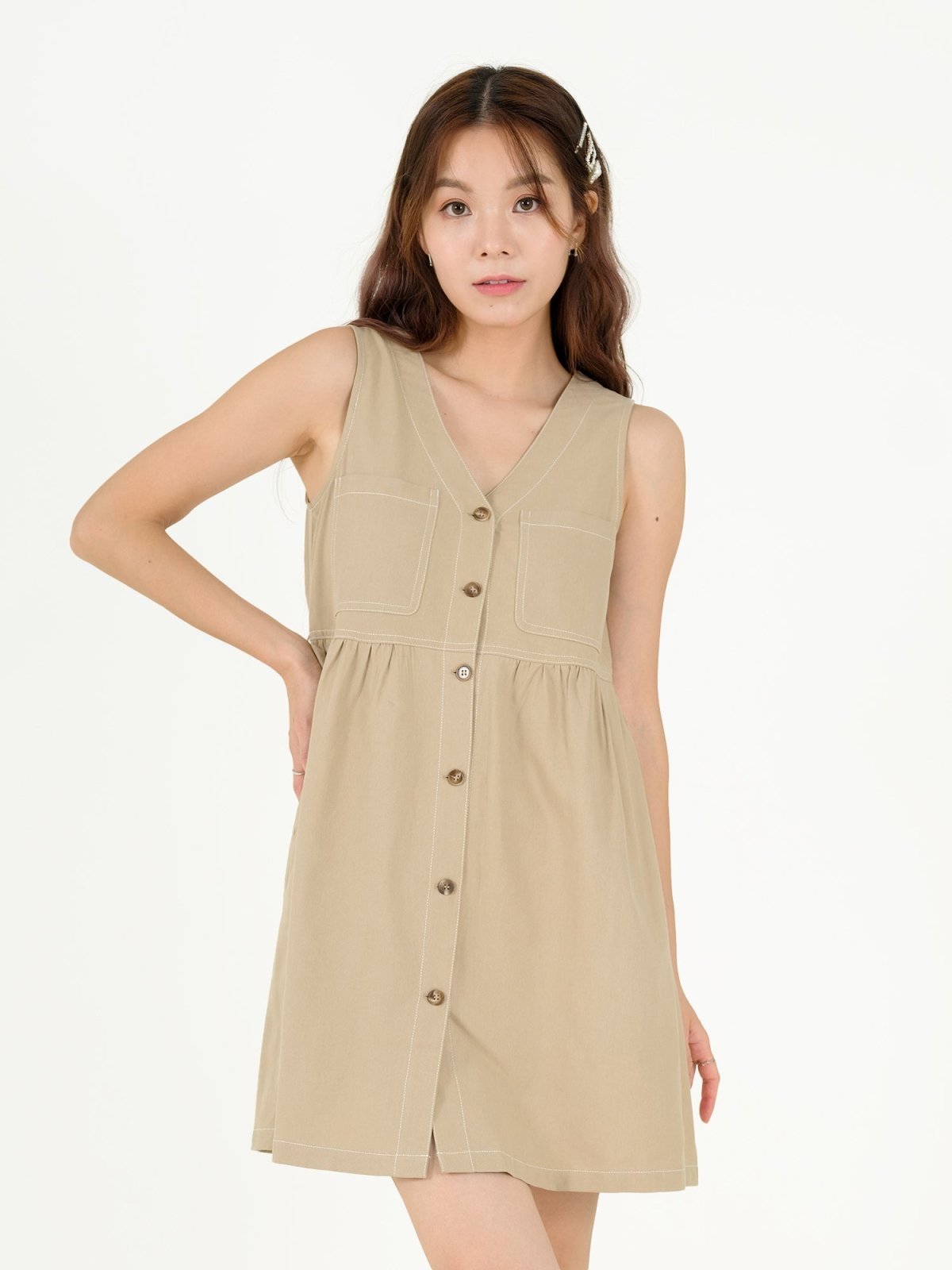 Zoe Contrast Line Mini Dress - DAG-DD9539-22CreamS - Beige - S - D'ZAGE Designs