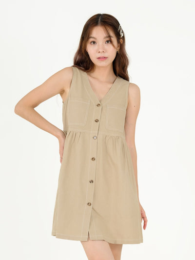Zoe Contrast Line Mini Dress - DAG-DD9539-22CreamS - Beige - S - D'ZAGE Designs
