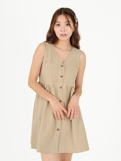 Zoe Contrast Line Mini Dress - DAG-DD9539-22CreamS - Beige - S - D'ZAGE Designs
