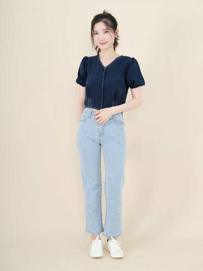 V-Neck Topstitched Blouse NAVY - DAG-DD8663-21NavyS - Navy Blue - S - D'ZAGE Designs
