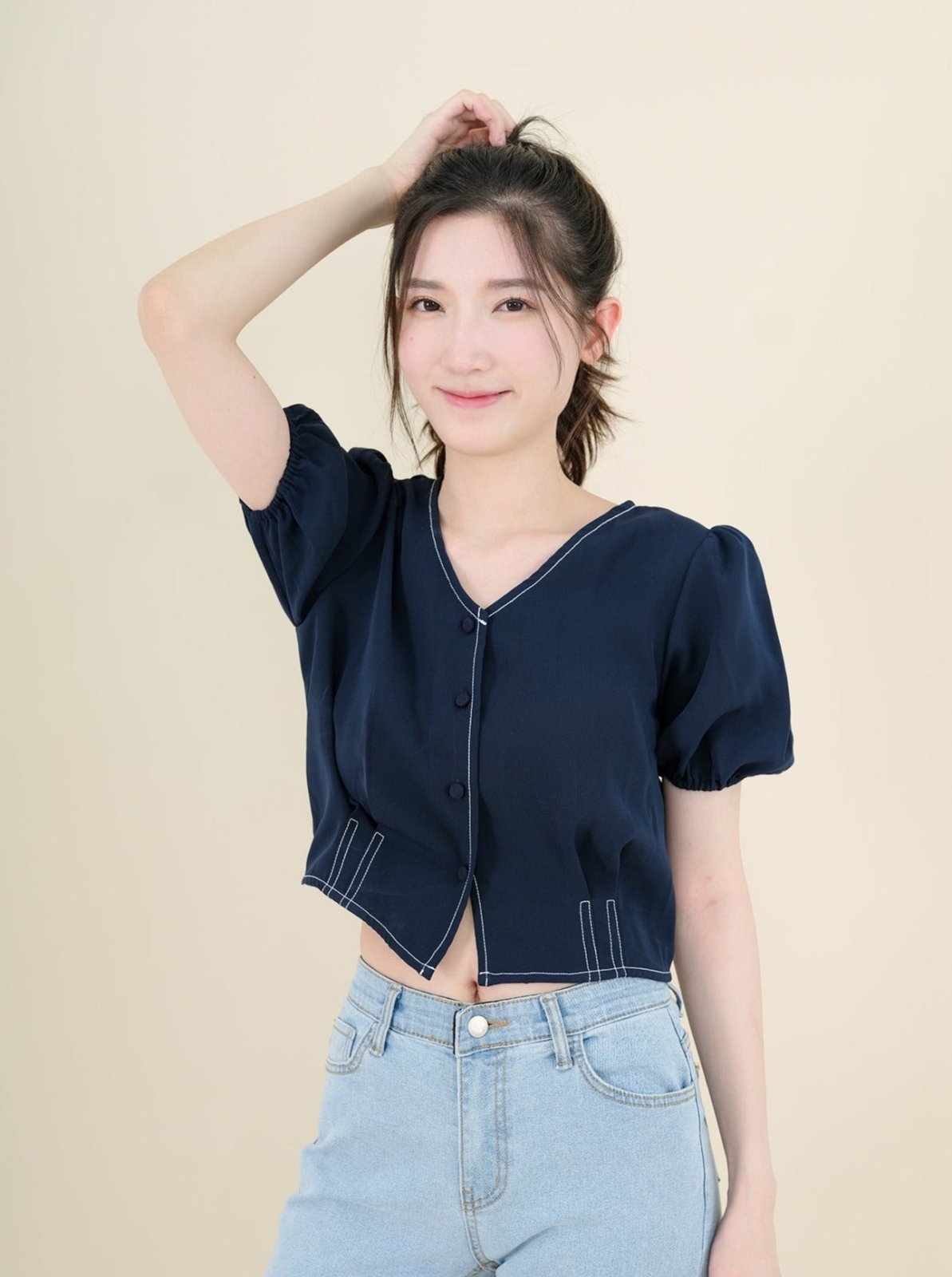 V-Neck Topstitched Blouse NAVY - DAG-DD8663-21NavyS - Navy Blue - S - D'ZAGE Designs