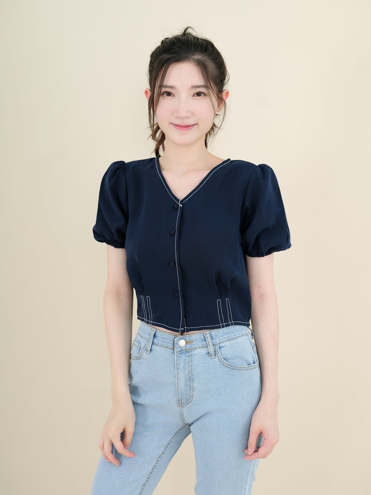 V-Neck Topstitched Blouse NAVY - DAG-DD8663-21NavyS - Navy Blue - S - D'ZAGE Designs