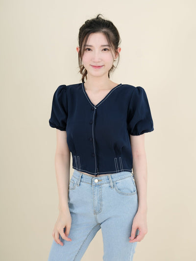 V-Neck Topstitched Blouse NAVY - DAG-DD8663-21NavyS - Navy Blue - S - D'ZAGE Designs