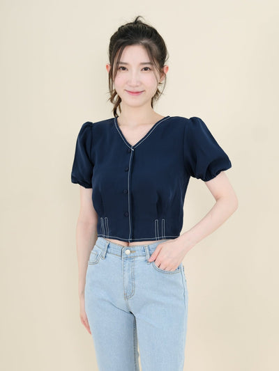 V-Neck Topstitched Blouse NAVY - DAG-DD8663-21NavyS - Navy Blue - S - D'ZAGE Designs