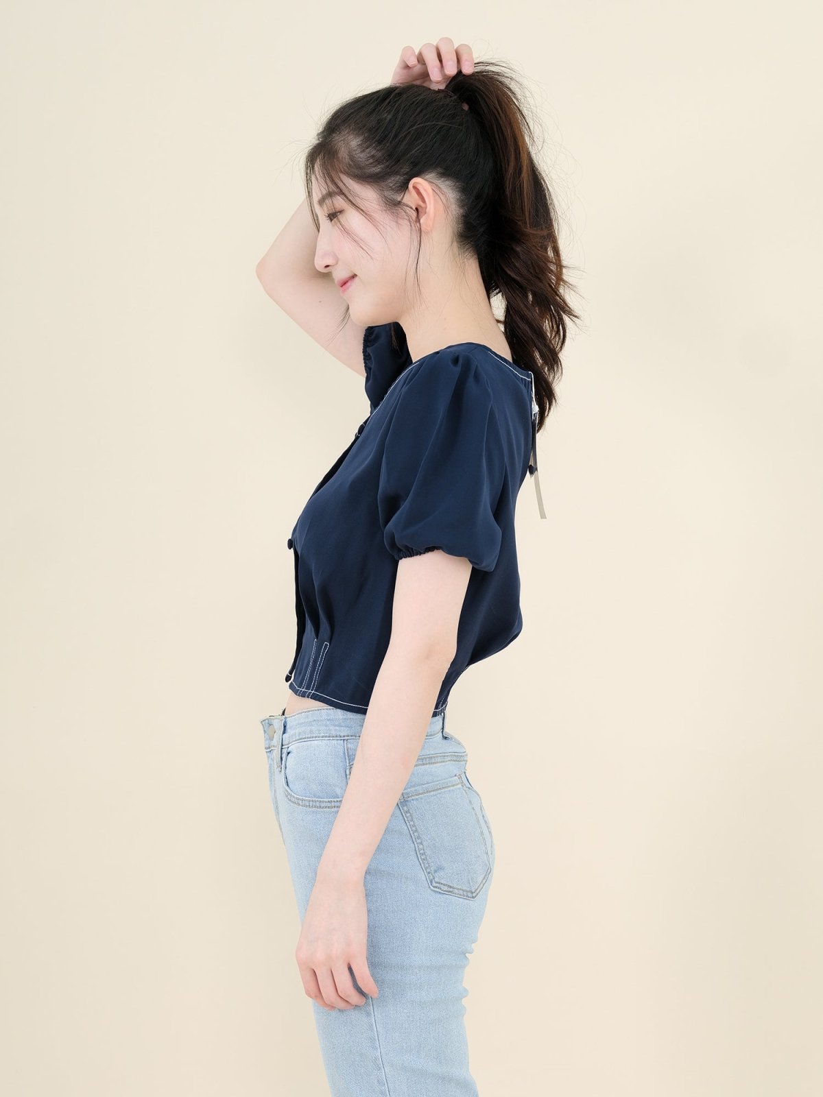 V-Neck Topstitched Blouse NAVY - DAG-DD8663-21NavyS - Navy Blue - S - D'ZAGE Designs