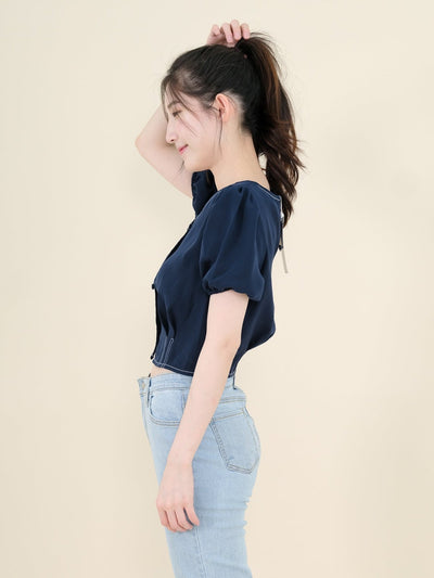 V-Neck Topstitched Blouse NAVY - DAG-DD8663-21NavyS - Navy Blue - S - D'ZAGE Designs