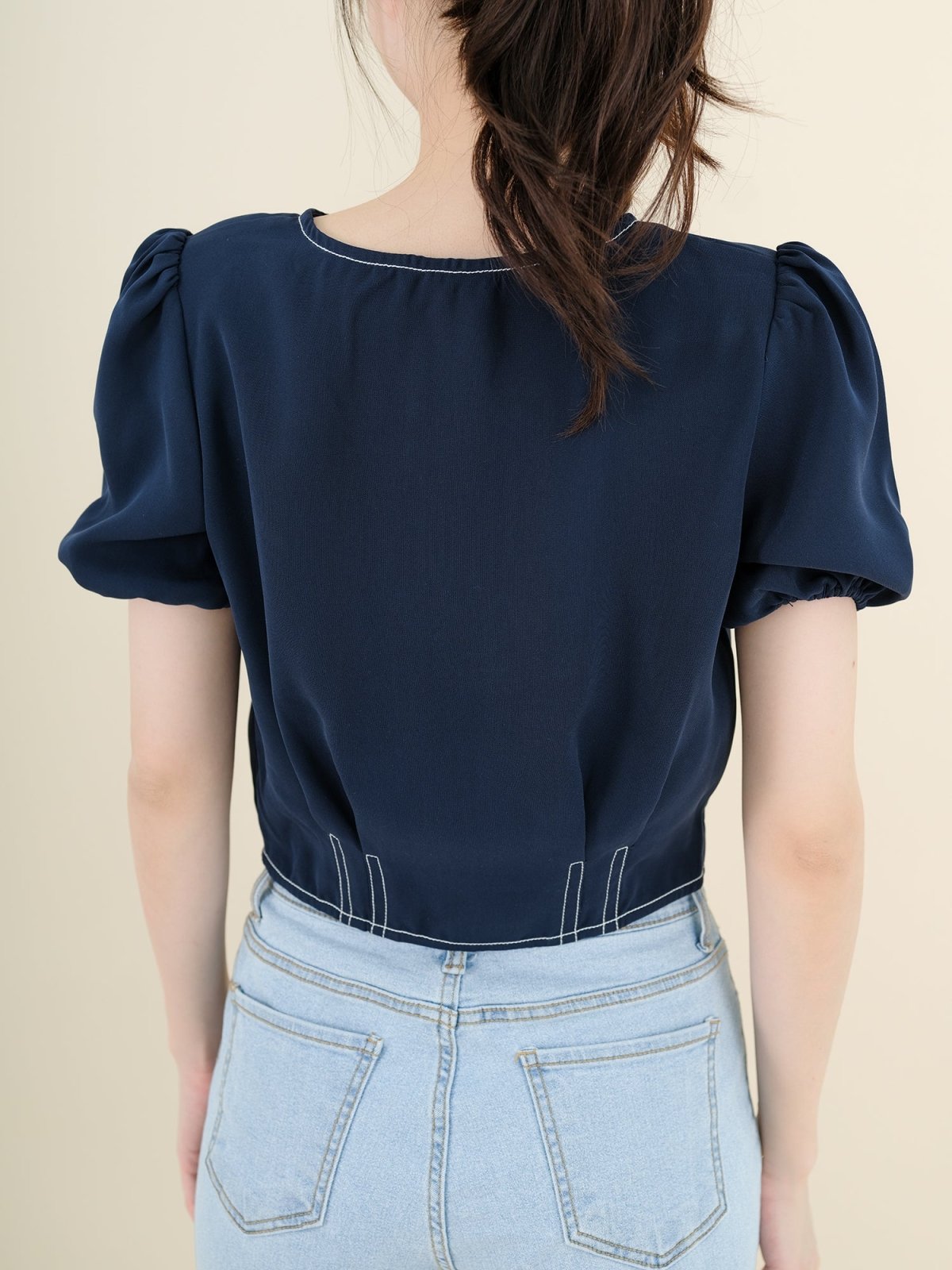 V-Neck Topstitched Blouse NAVY - DAG-DD8663-21NavyS - Navy Blue - S - D'ZAGE Designs