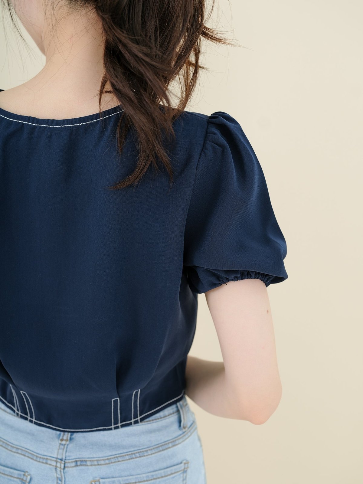 V-Neck Topstitched Blouse NAVY - DAG-DD8663-21NavyS - Navy Blue - S - D'ZAGE Designs
