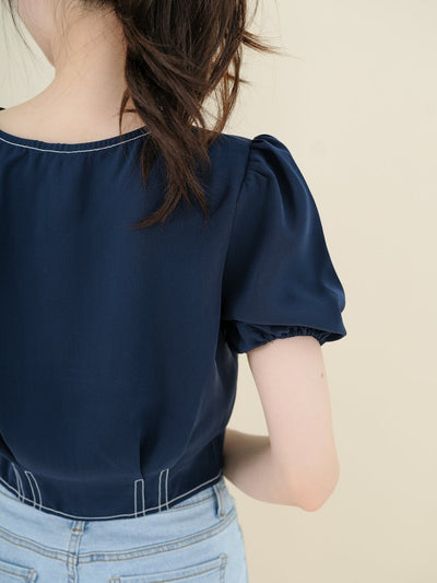 V-Neck Topstitched Blouse NAVY - DAG-DD8663-21NavyS - Navy Blue - S - D'ZAGE Designs