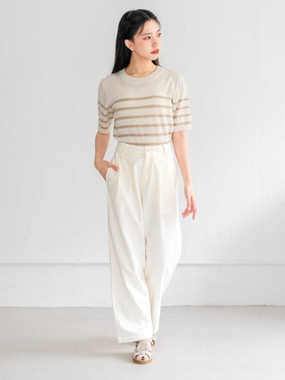 Signature Striped Knit Top - DAG-G-220133BrownieF - Cream With Brown Hem - F - D'ZAGE Designs
