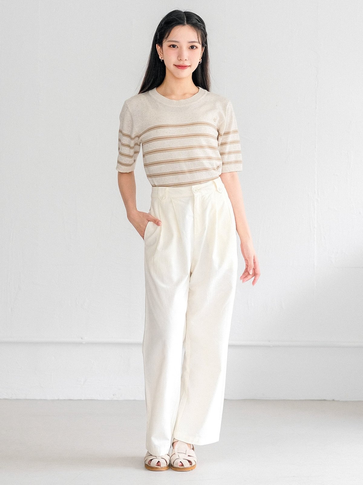 Signature Striped Knit Top - DAG-G-220133BrownieF - Cream With Brown Hem - F - D'ZAGE Designs