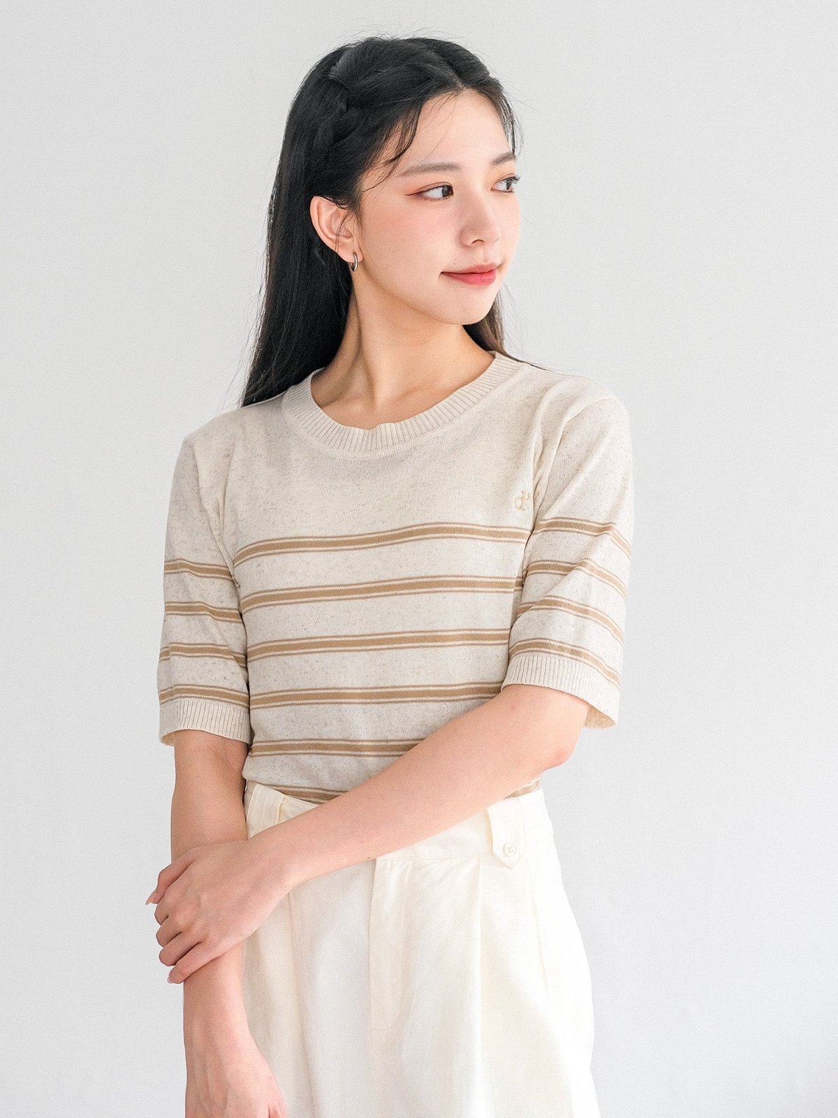 Signature Striped Knit Top - DAG-G-220133BrownieF - Cream With Brown Hem - F - D'ZAGE Designs