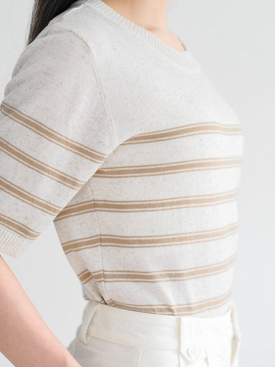 Signature Striped Knit Top - DAG-G-220133BrownieF - Cream With Brown Hem - F - D'ZAGE Designs