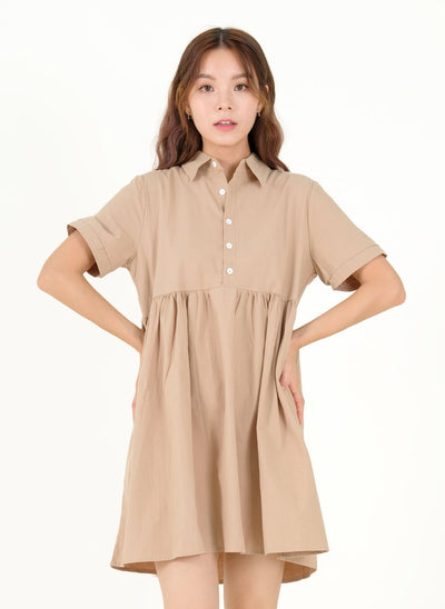 Talia Button Down Shirt Dress - DAG-8-9391-22CreamF - Beige - F - D'ZAGE Designs