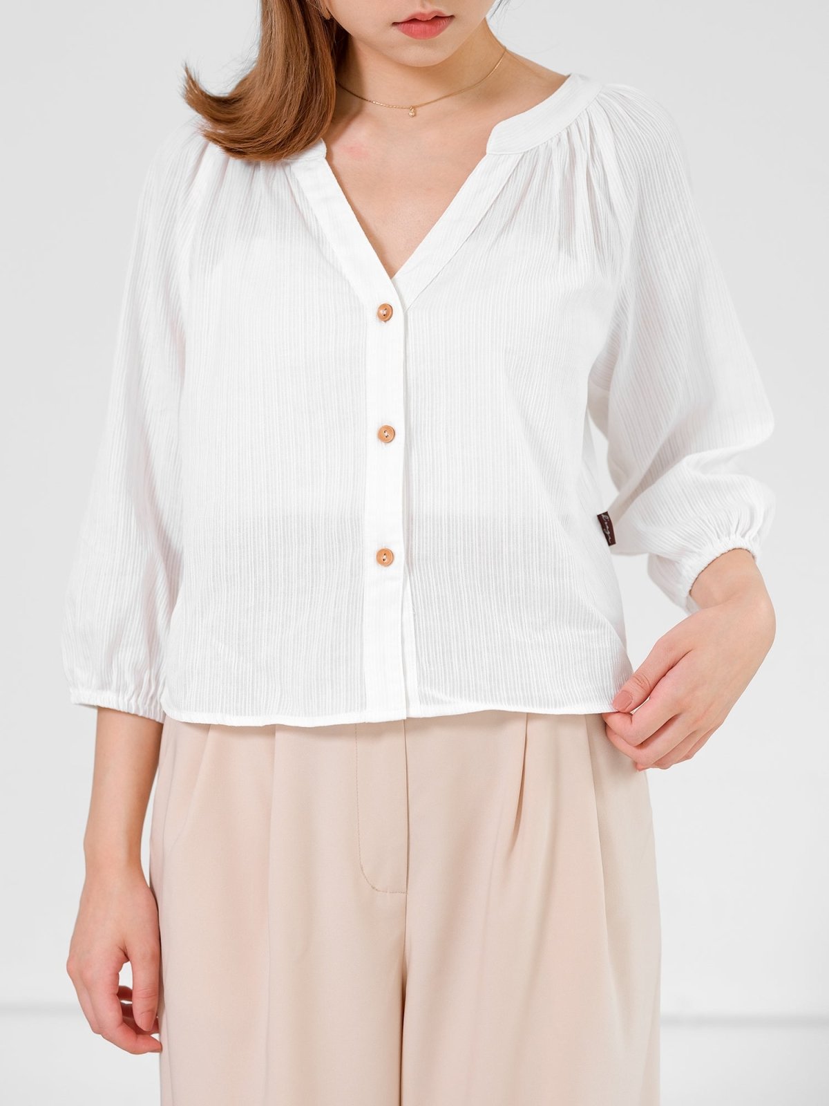 Casey Summer Button Down Notch Neck Blouse - DAG-DD9504-22WhiteF - Ivory Patterned - F - D'ZAGE Designs