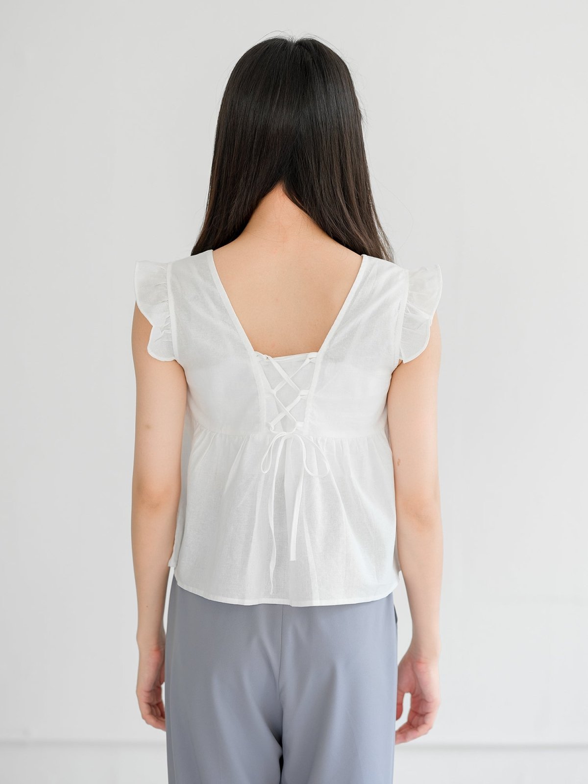 Heather Heart Neck Lace Up Top - DAG-G-220190WhiteF - White - F - D'ZAGE Designs