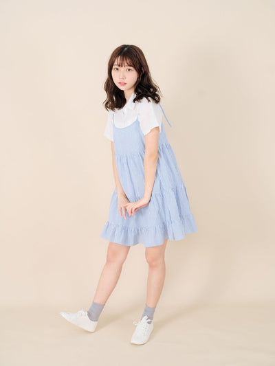 Striped Tiered Mini Dress BLUE WHITE STRIPE - DAG-DD8517-21BlueWhiteStripeF - Blue White Stripes - F - D'ZAGE Designs