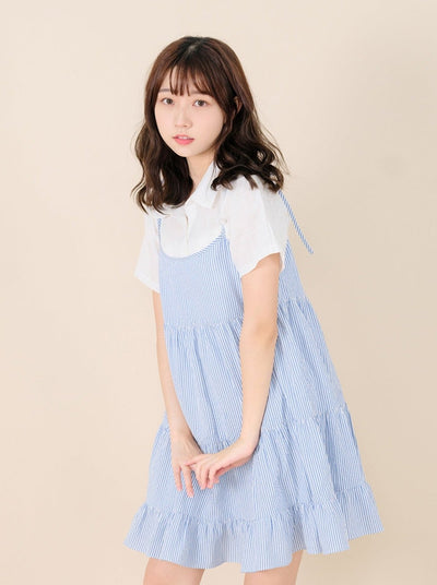 Striped Tiered Mini Dress BLUE WHITE STRIPE - DAG-DD8517-21BlueWhiteStripeF - Blue White Stripes - F - D'ZAGE Designs