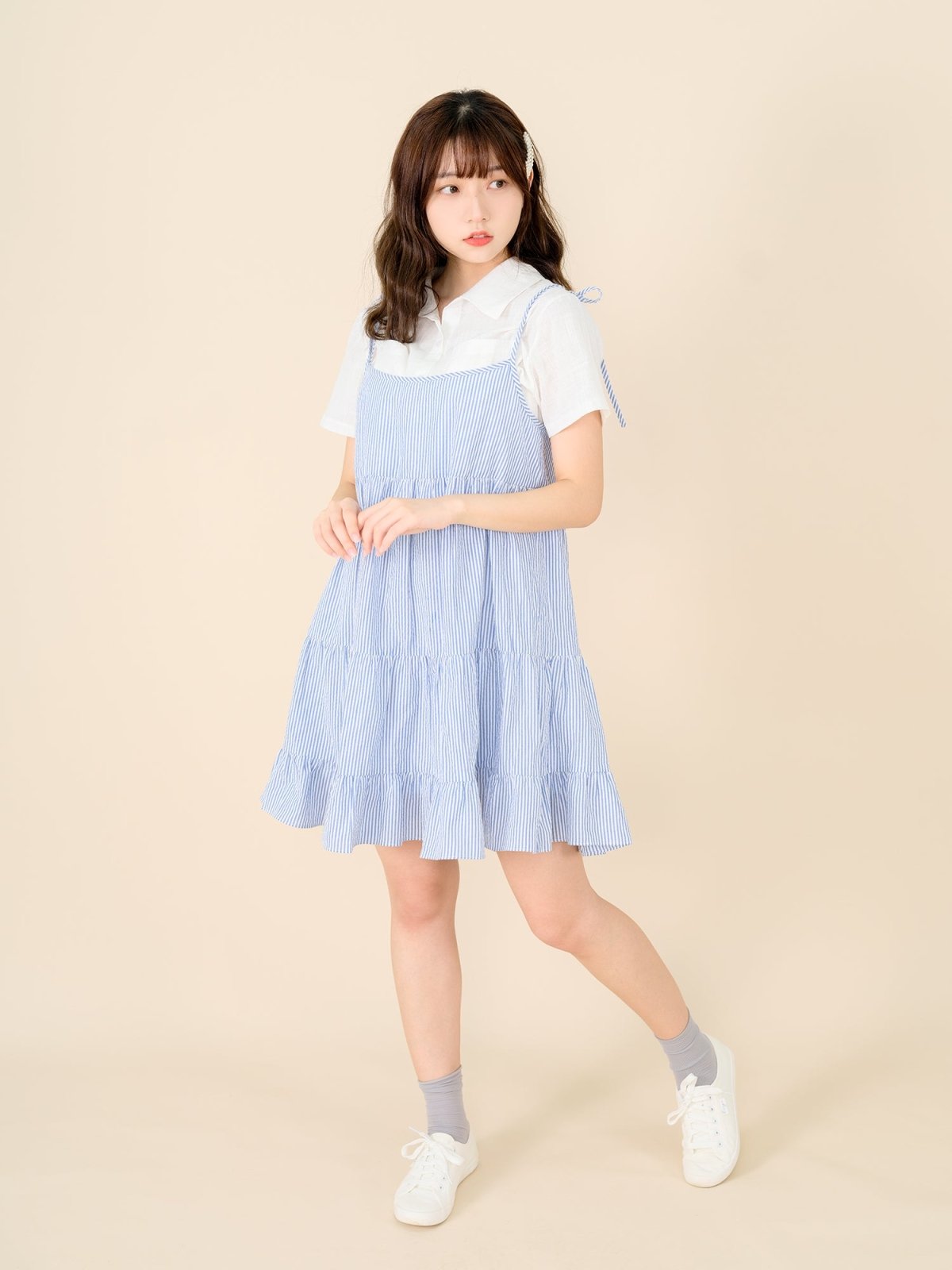 Striped Tiered Mini Dress BLUE WHITE STRIPE - DAG-DD8517-21BlueWhiteStripeF - Blue White Stripes - F - D'ZAGE Designs