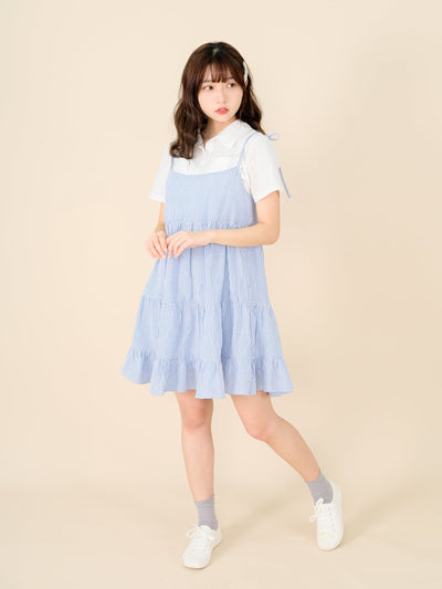 Striped Tiered Mini Dress BLUE WHITE STRIPE - DAG-DD8517-21BlueWhiteStripeF - Blue White Stripes - F - D'ZAGE Designs