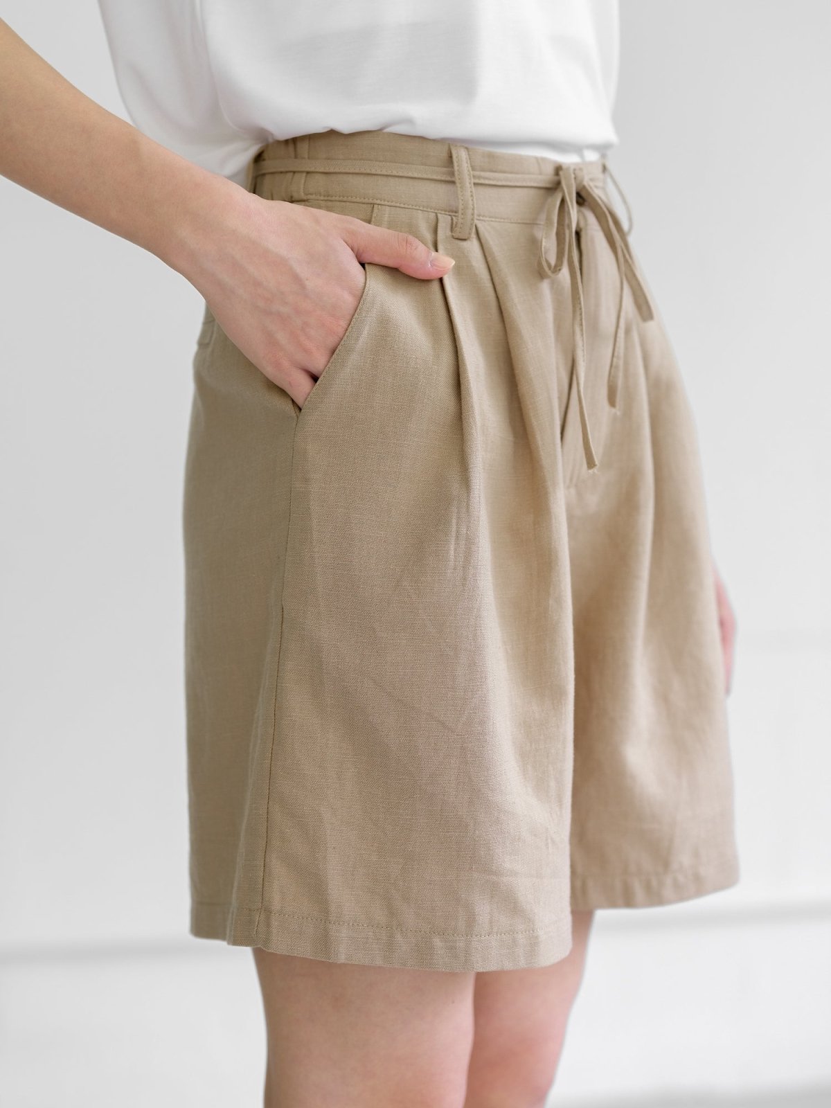 Leah Tie Waist Linen Cotton Shorts - DAG-G-220194KhakiBeigeS - Khaki Beige - S - D'ZAGE Designs