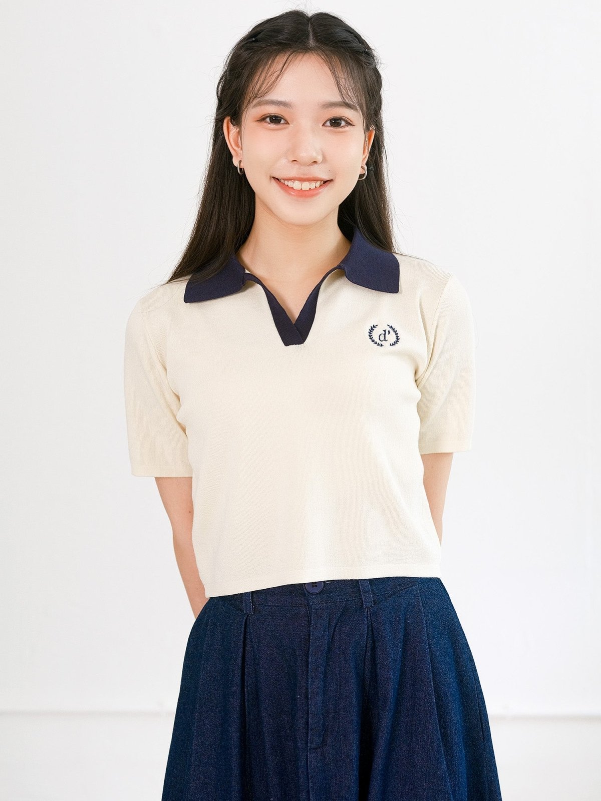 Orie Contrast Collar Embroidered Top - DAG-G-220150IvoryF - Yellow Blue Contrast - F - D'ZAGE Designs