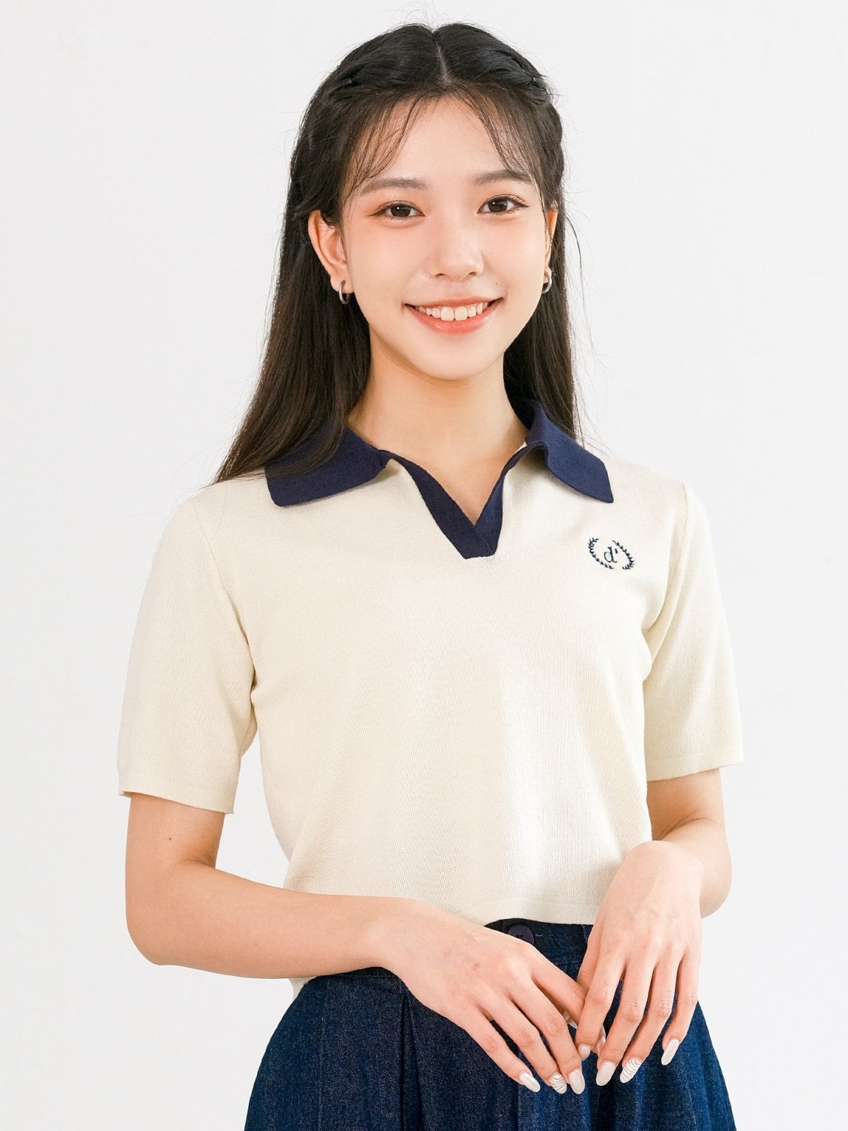 Orie Contrast Collar Embroidered Top - DAG-G-220150IvoryF - Yellow Blue Contrast - F - D'ZAGE Designs