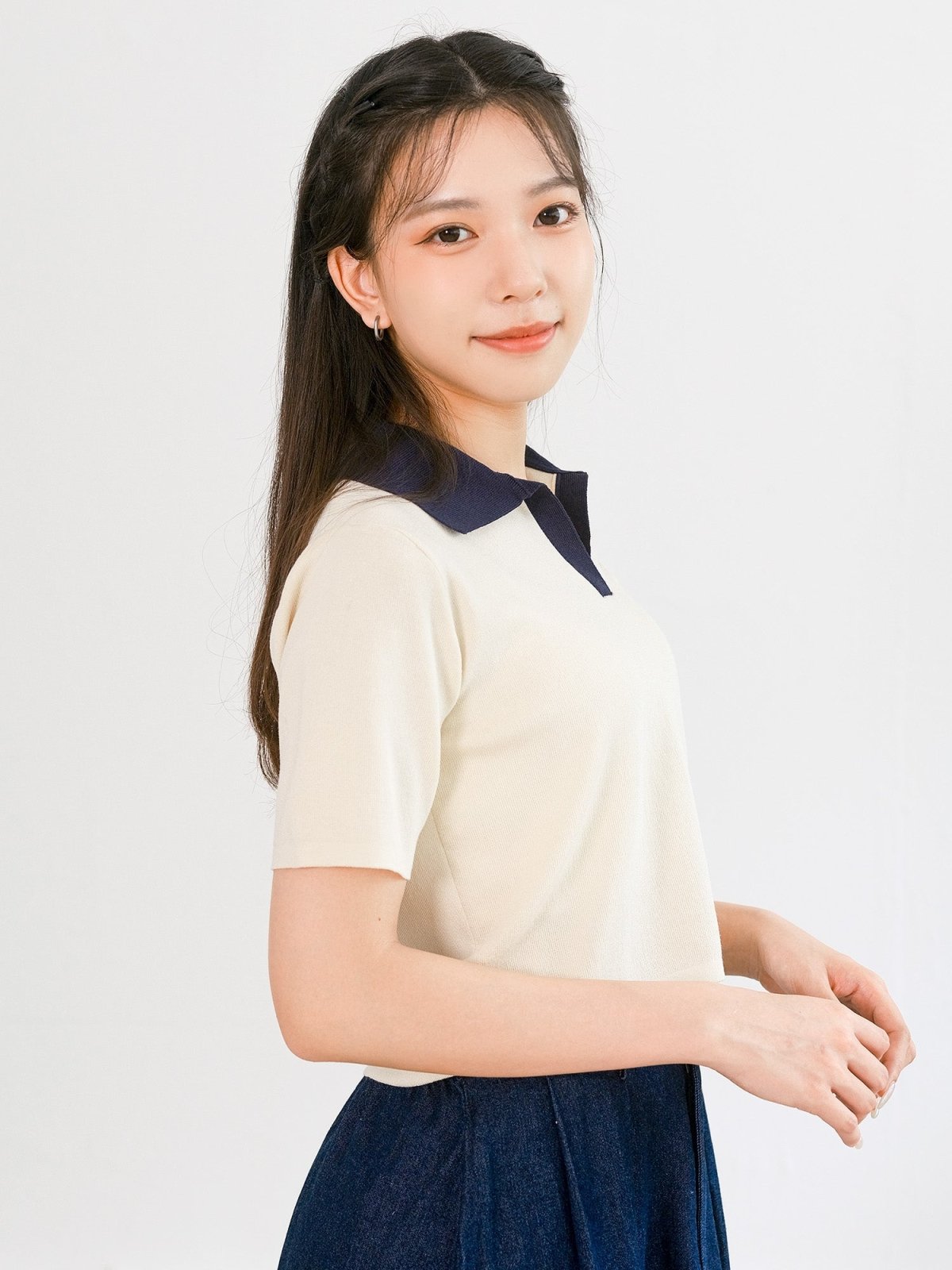 Orie Contrast Collar Embroidered Top - DAG-G-220150IvoryF - Yellow Blue Contrast - F - D'ZAGE Designs