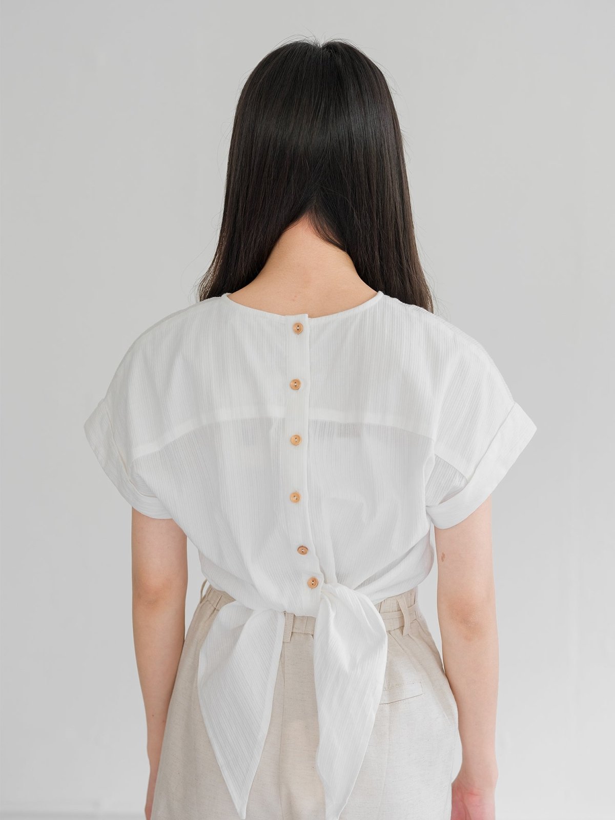 Tia Tie Back Wood Buttoned Top - DAG-DD0199-23MochiIvoryS - Mochi Ivory - S - D'ZAGE Designs