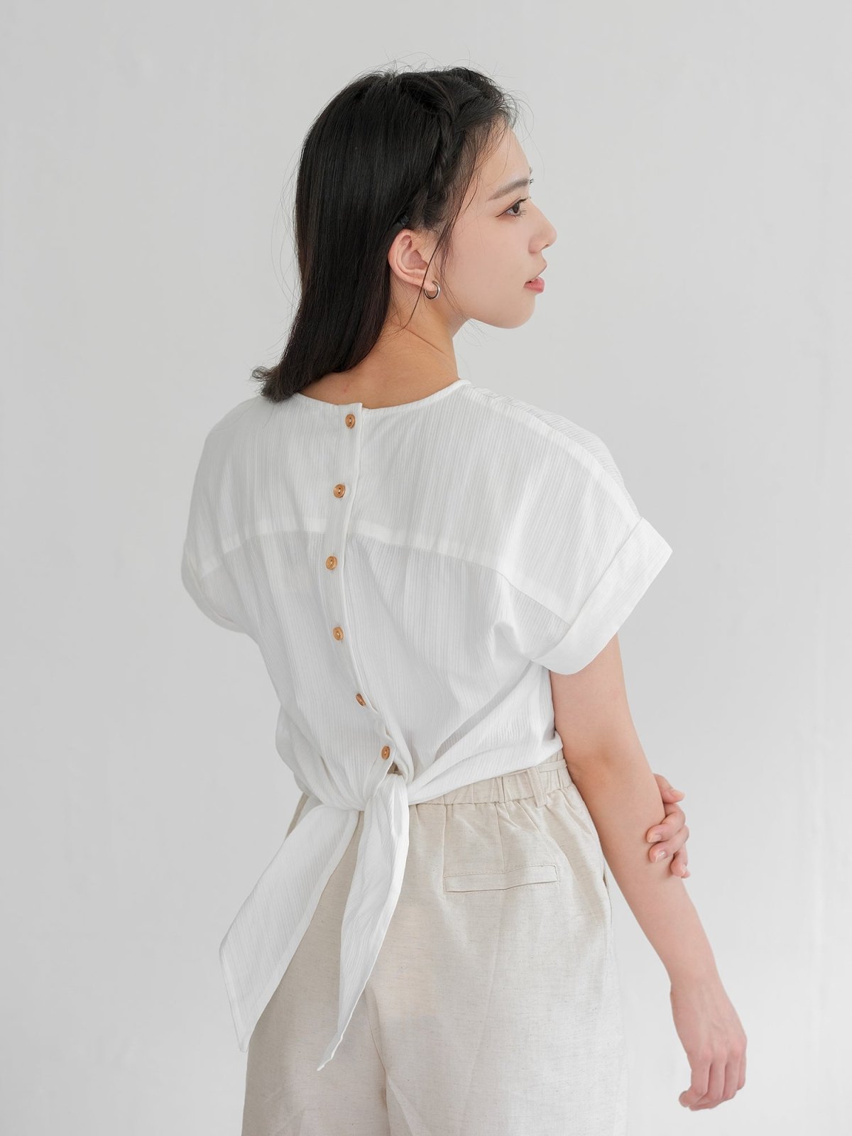 Tia Tie Back Wood Buttoned Top - DAG-DD0199-23MochiIvoryS - Mochi Ivory - S - D'ZAGE Designs