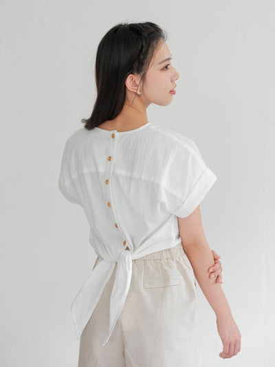 Tia Tie Back Wood Buttoned Top - DAG-DD0199-23MochiIvoryS - Mochi Ivory - S - D'ZAGE Designs