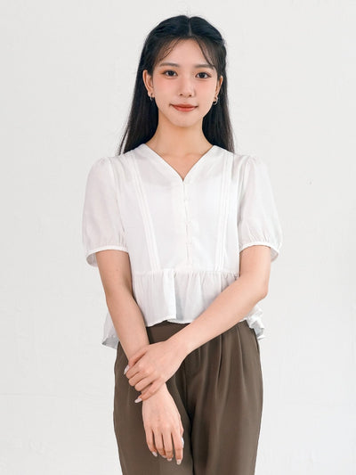 Ramphal V-neck Ruffle Hem Top - DAG-G-220124WhiteF - Mochi Ivory - F - D'ZAGE Designs