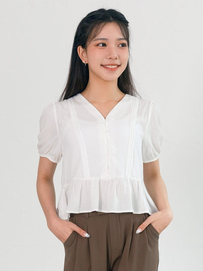 Ramphal V-neck Ruffle Hem Top - DAG-G-220124WhiteF - Mochi Ivory - F - D'ZAGE Designs